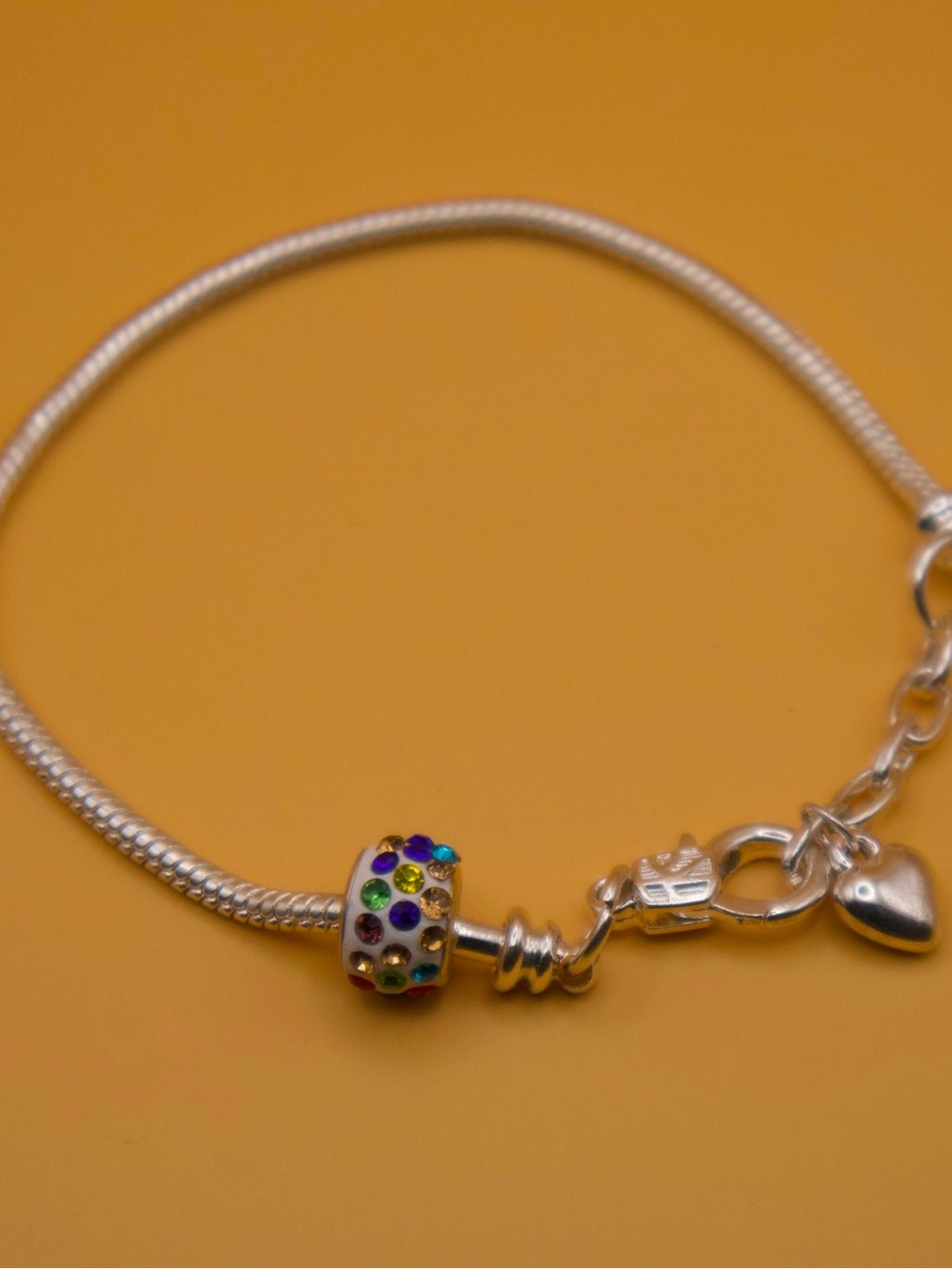 Sterling Silver Multicolor Crystal Charm Bracelet - Heart Clasp